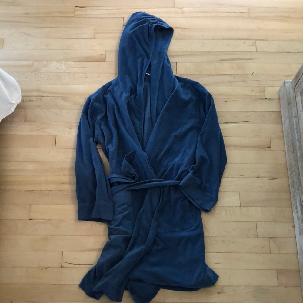 Hooded cozy blue bathrobe